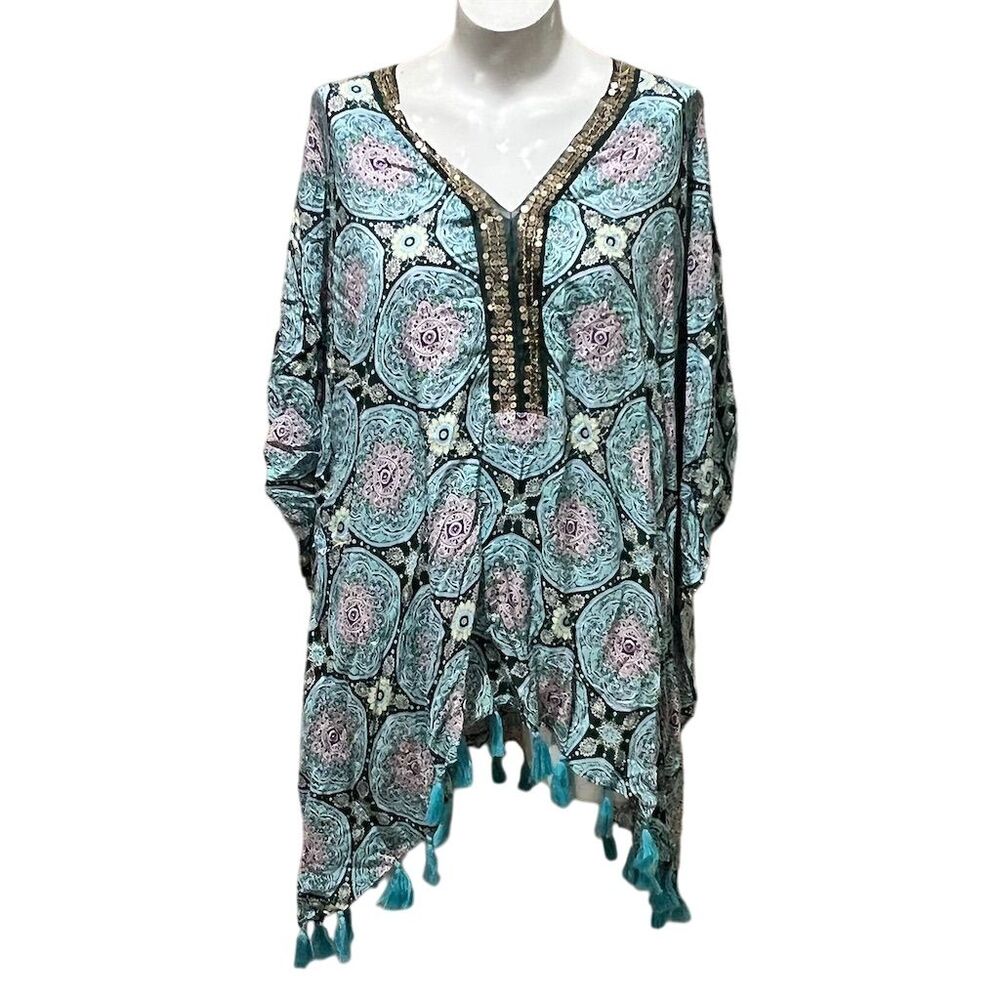 Forever 21+ Women's 2X Blue Ornate Tasseled Kaftan Cover-Up